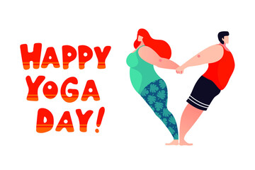 Happy Yoga Day. Vector illustrations in trendy cartoon design. Man and woman practicing couple yoga asana. Concept for wellness, lifestyle and spending time together.