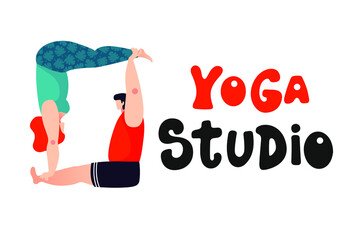 Vector illustrations in trendy cartoon design. Man and woman practicing couple yoga asana. Concept for yoga studio, wellness, lifestyle and spending time together.