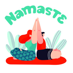Namaste. Cute male and female characters doing acro yoga. Concept for wellness, love, spending time together and balance. Trendy style vector illustration.