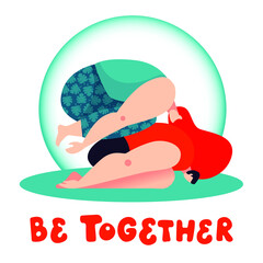Be together. Cute male and female characters practicing acro yoga asana. Concept for well being, couple balance, spending time together and love. Trendy style vector illustration.