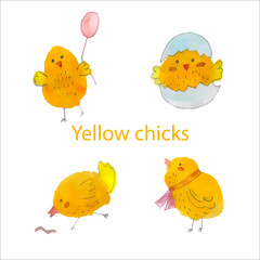 Set of four cute yellow watercolor chickens.