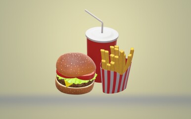 3D lunch: hamburger, French fries and Coca-Cola. Bon Appetit
