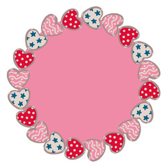 Vector round frame with Valentine's day decorations in hand drawn flat style. Illustration of hearts decorated with patterns, stars, polka dots. Pink background.