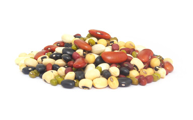 Heap of different beans isolated on white background. Beans assortment.