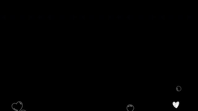Looped comic doodle and scribble style hearts and bubbles on black background animation.