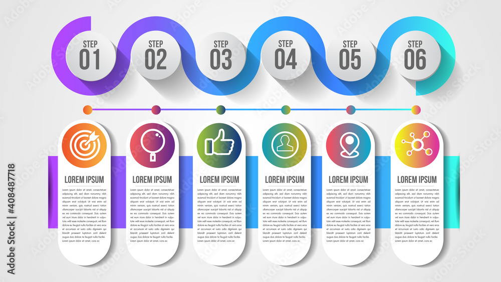 Sticker infographic modern timeline design vector template for business with 6 steps or options illustrate a
