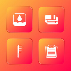 Set Water drop, Towel stack, Hairbrush and Bathroom scales icon. Vector.