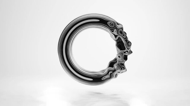 Geometric 3d animation of abstract art. Liquid black silver metal in form of ring, doughnut or tunnel isolated on white milky background. Round glossy futuristic glass shape, pulsating buttery paint.