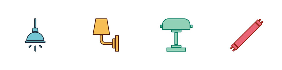 Obraz premium Set Chandelier, Wall lamp or sconce, Table and Fluorescent icon. Vector.