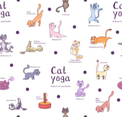 Vector pattern of cat yoga characters on a light background. Set of cats in asanas. For printing on clothing or products.