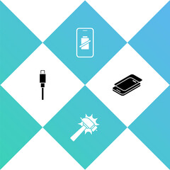 Set USB cable cord, Hammer, Smartphone battery charge and Glass screen protector icon. Vector.