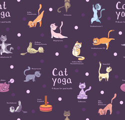 Vector pattern of cat yoga characters on a dark background. Set of cats in asanas. For printing on clothing or products.