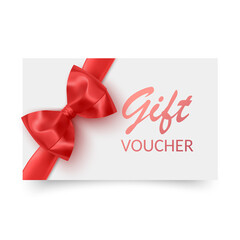Gift Voucher template with red bow, ribbons. Design usable for gift coupon, voucher, invitation, certificate, etc. Vector eps 10 format