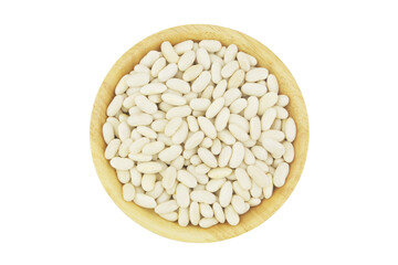 White beans in wooden bowl isolated on white background, top view