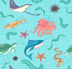 Fototapeta premium Seamless vector pattern with marine life in a cartoon style. Fish, shellfish, seaweed. For printing on fabric, Wallpaper, or packaging paper.