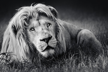Large white male lion (Panthera leo) portrait in black and white close-up highly focused fine art. Stock - 408490132