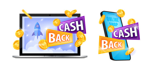 Cash back vector internet money saving offer stickers with laptop screen, smartphone isolated on white. Finance business web reward bonus program with dollar coins. Cash back gift logo, label icon set
