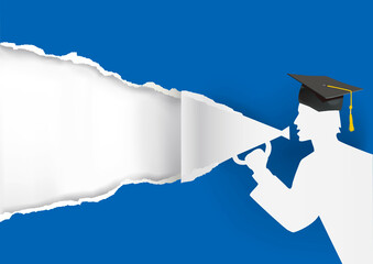 Paper student, graduate with megaphone.
Blue paper background with Paper silhouette of graduate holding a megaphone.Place for your text or image. Vector available.