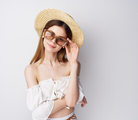 Pretty woman glamor hat glasses fashion studio posing