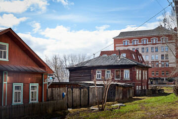 Kirov, Russia - April 18, 2020: Old poor house on the street of a small village or city in Russia.