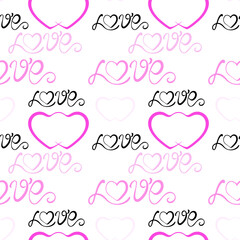 Fototapeta na wymiar Pattern on theme love. Seamless background with hearts and word love. Pink delicate template for fabric, packaging and design vector illustration