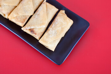 A plate of fried spring rolls at the beginning of spring on a red background