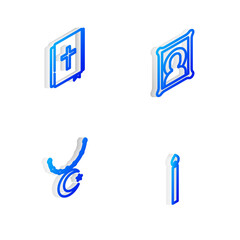 Set Isometric line Christian icon, Holy bible book, Star and crescent chain and Burning candle icon. Vector.