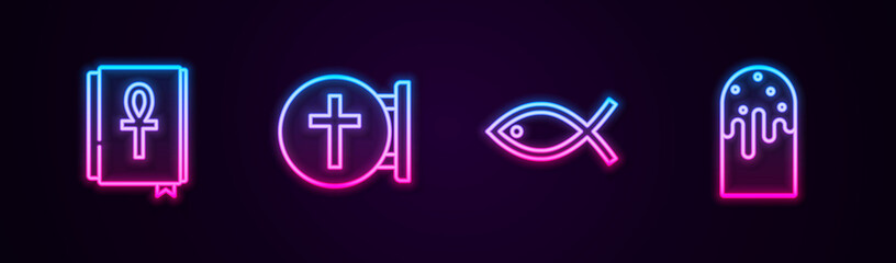 Set line Cross ankh book, Christian cross, fish and Easter cake. Glowing neon icon. Vector.