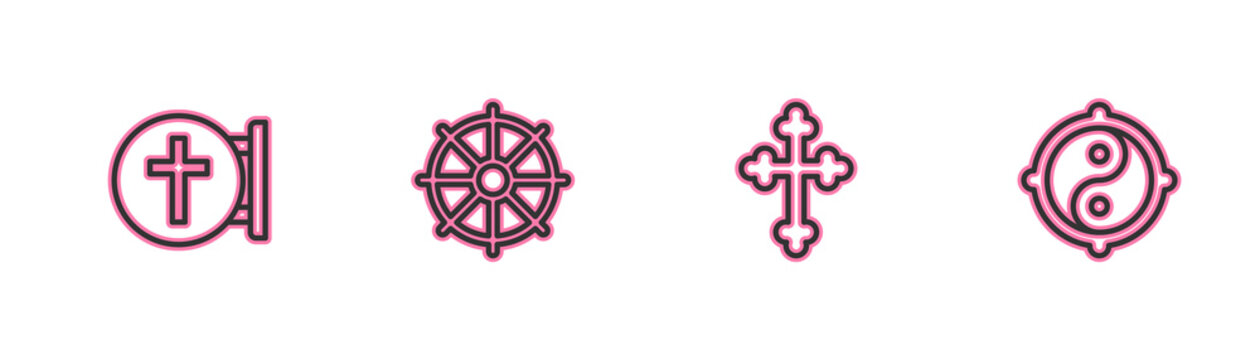 Set line Christian cross, , Dharma wheel and Yin Yang icon. Vector.
