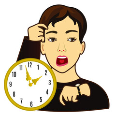 emoticon with a cool man looking at the wrist watch because he is late, clipart on a white isolated background with a clock, color vector emoji