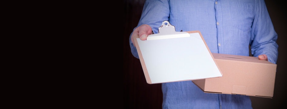 person delivers package to home. Friendly worker, high quality delivery service