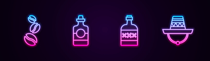 Set line Coffee beans, Tequila bottle, and Mexican sombrero. Glowing neon icon. Vector.