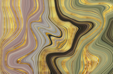 Elegant liquid marble texture background in green, pink and purple tones with gold