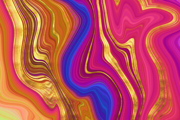 Psychedelic texture of liquid marble in pink and blue tones with gold strokes
