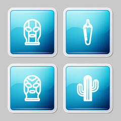 Set line Mexican wrestler, Hot chili pepper pod, and Cactus icon. Vector.
