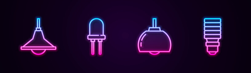 Set line Chandelier, Light emitting diode, and LED light bulb. Glowing neon icon. Vector.