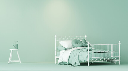 The interior of the bedroom in a light monochrome light pastel blue color with bedroom furniture and accessories. Light background with space for copy. 3D rendering for web page, presentation 