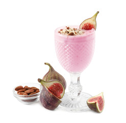 Delicious fig smoothie and ingredients on white background