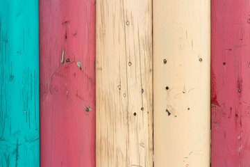 five multicolored red yellow turquoise old woods with scratches and nails