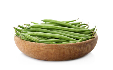 Fresh green beans in wooden bowl isolated on white