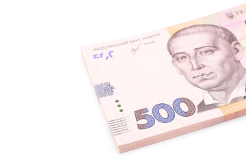 500 Ukrainian Hryvnia banknotes on white background, closeup