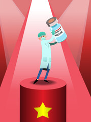 Doctor standing on podium and show big vial corona virus vaccine.
Successful for research corona virus vaccine.
Successful doctor Invented vaccine against covid 19 virus.