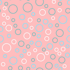 Pink vector background with white, mint, blue circles. Beautiful color pattern in a delicate palette. Design for fabric, paper, packaging, poster, banner sites. Vector illustration