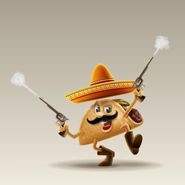 Cartoon Taco Character With Gun And Sombrero