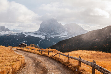 Mountain meadow and houses in Gardena valley and Seceda peak , background Alpe di Siusi or Seiser Alm in the with Province of Bolzano, South Tyrol at Dolomites
