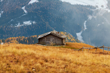 Fototapeta na wymiar Mountain meadow and houses in Gardena valley and Seceda peak , background Alpe di Siusi or Seiser Alm in the with Province of Bolzano, South Tyrol at Dolomites