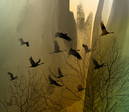 Vector background with a flock of cranes flying over the trees. Watercolor effect