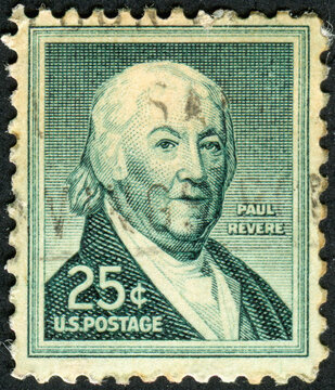 UNITED STATES OF AMERICA - CIRCA 1958: Postage stamp from the USA, depicting a portrait of American Revolution patriot Paul Revere