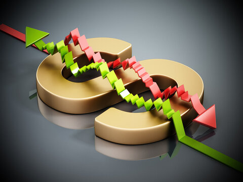Rising and falling statistic arrows forming a dollar sign with letter S. 3D illustration