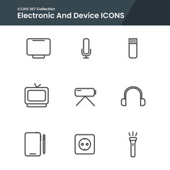 icon set of electronic and device microphone, headphone, camera and many more. with line style vector. suitable use for web app and pattern design. © Zaf